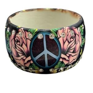 Ed Hardy Vintage Pink Roses Love Peace Tattoo Rhinestone Lucite Bangle Bracelet